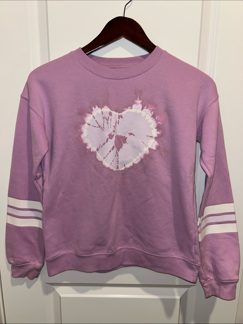 SO Lavender Crewneck Sweatshirt with White Heart Tie-Dye and Stripe Sleeves